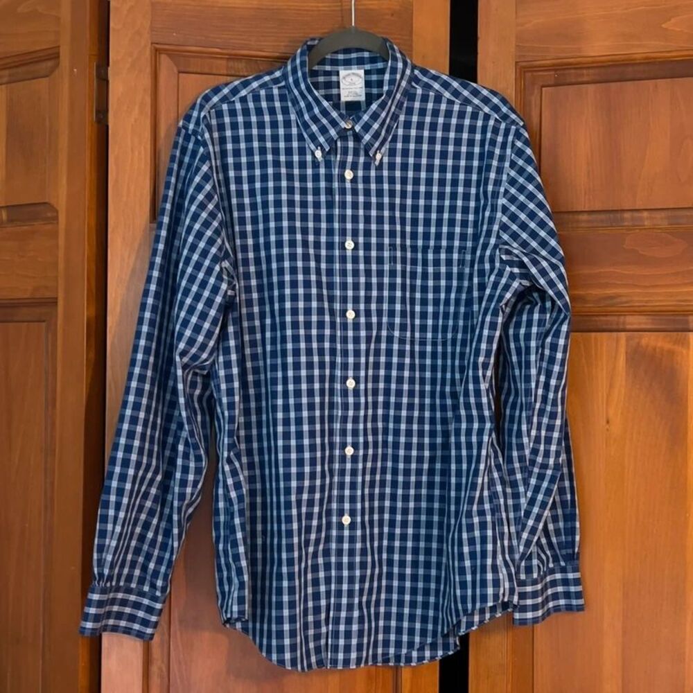 Brooks Brothers 346 Original Polo Slim Fit Non-Iron Blue Plaid Shirt Mens L